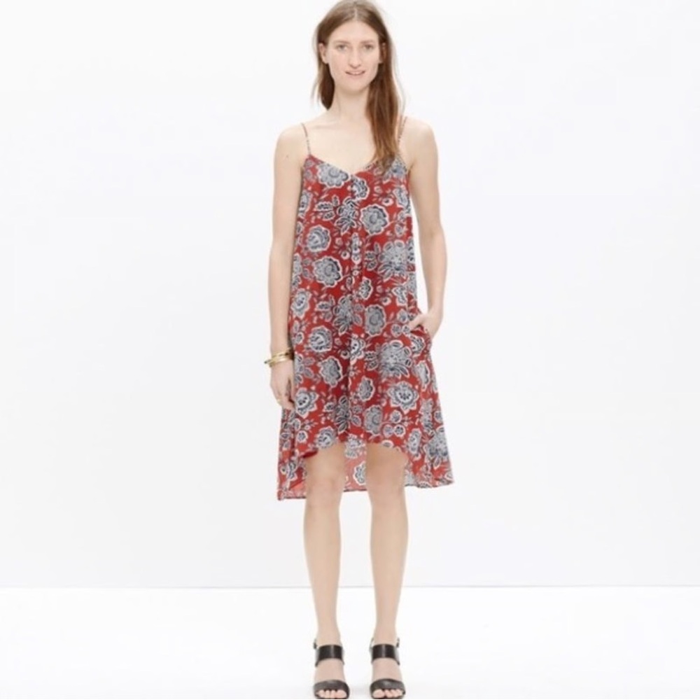 Madewell Trapeze Italian Silk Red and Blue Floral High Low Dress